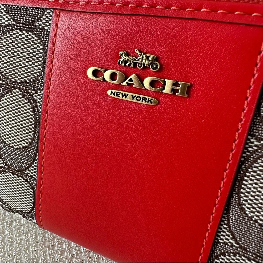 Coach Sport Red and Cocoa Brown Signature Jacquard Zip Accordion Wallet C5731B